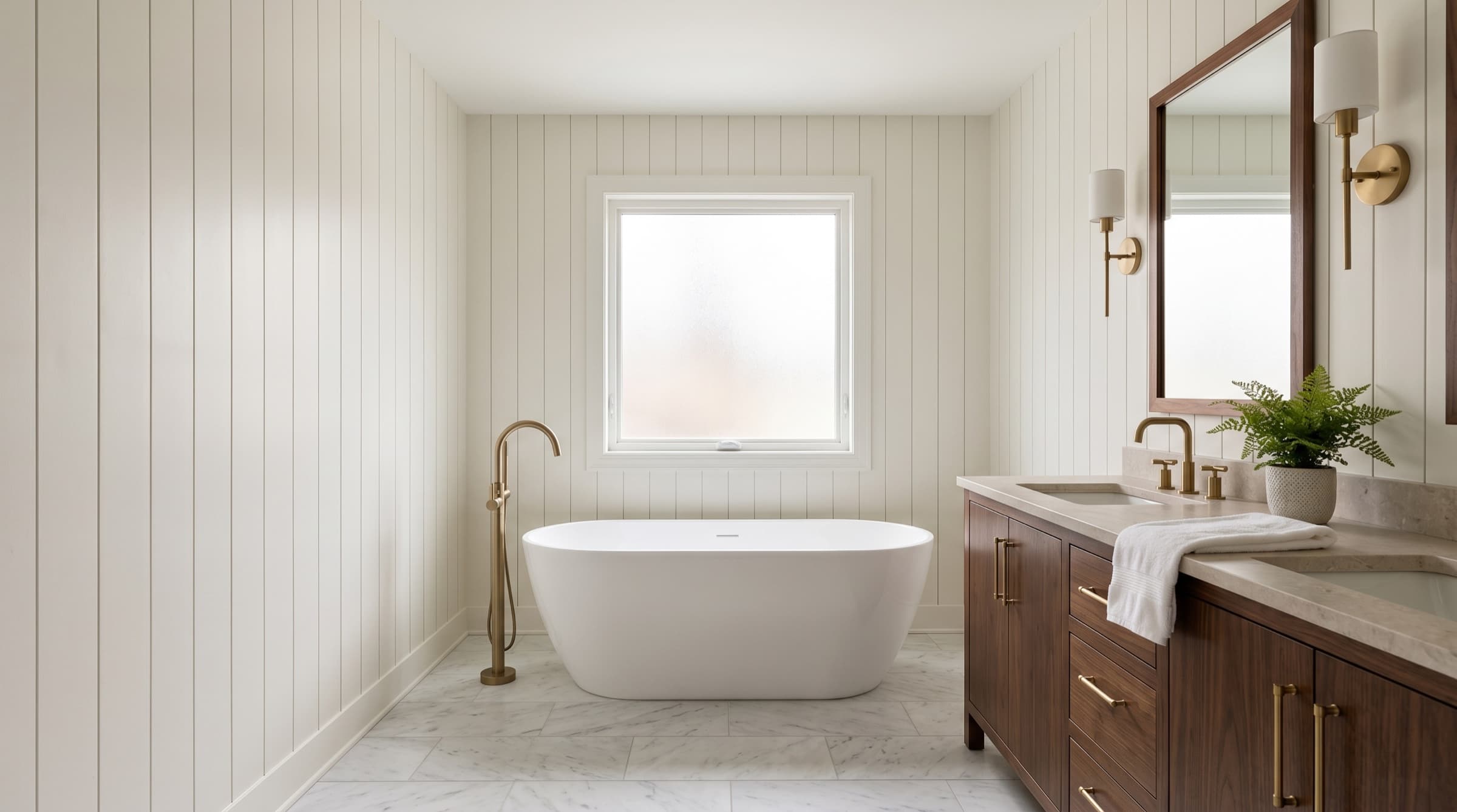 Recent Pearson Kitchens bath build — vertical shiplap, walnut fluted vanity, freestanding tub, brass fittings