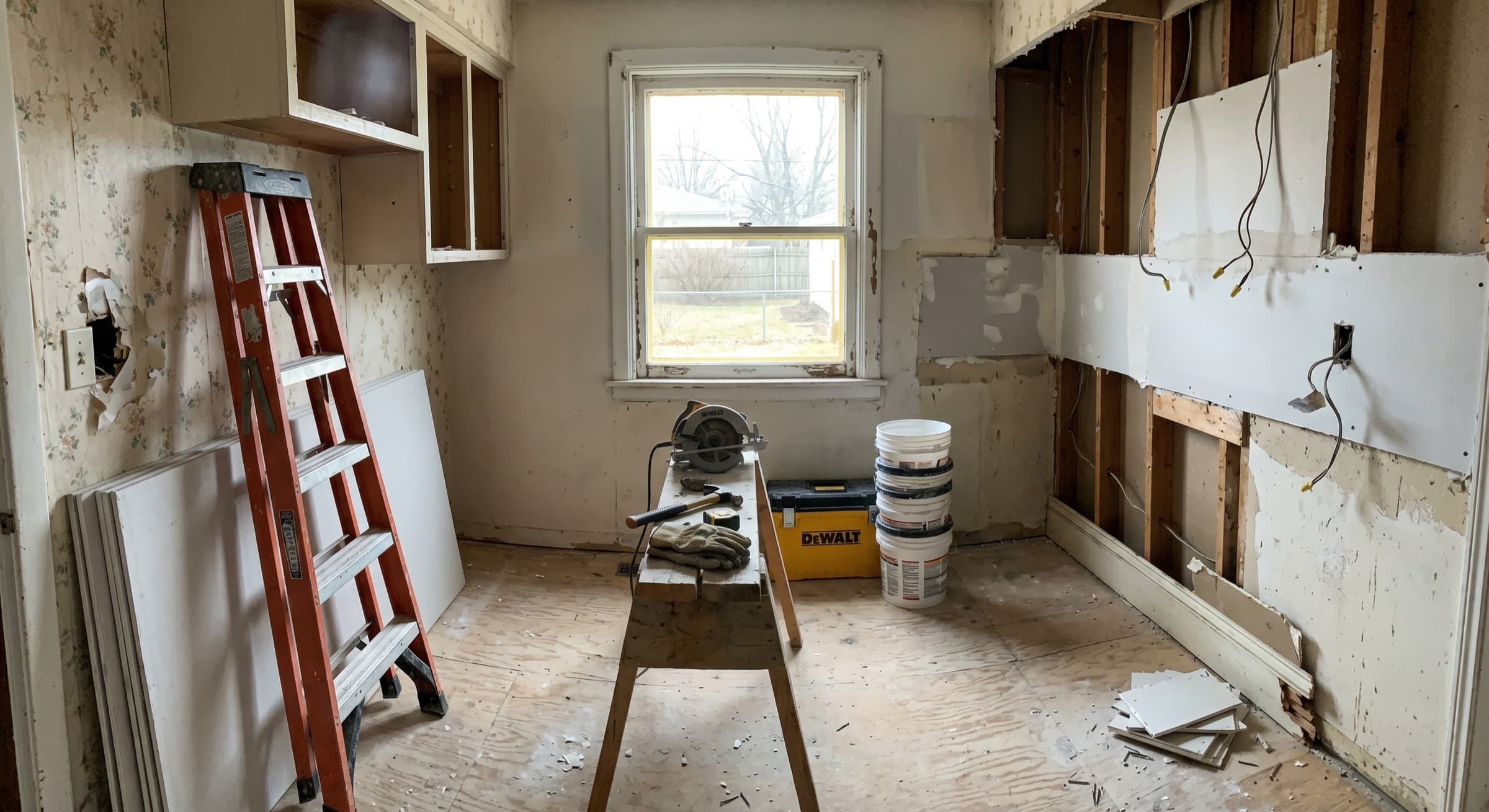 A recent Pearson Kitchens project taken back to the studs — ladder, sawhorses, exposed framing.